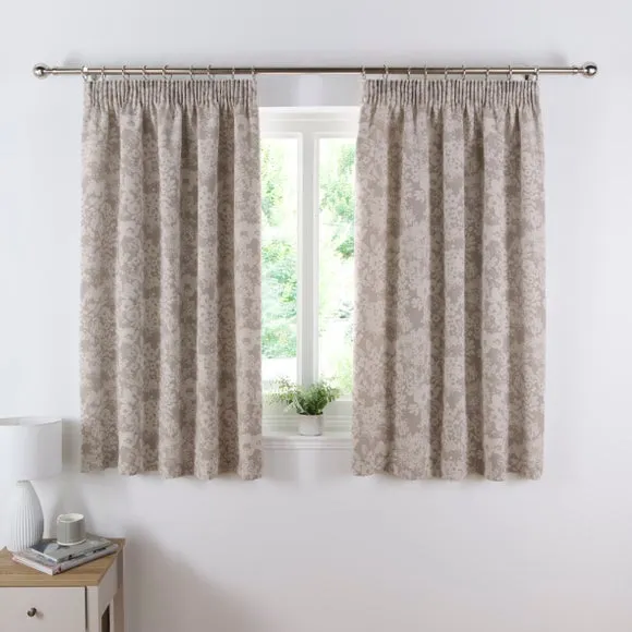 Floral Pencil Pleat Curtains - Soft Grey, Woven