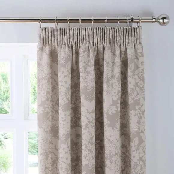 Floral Pencil Pleat Curtains - Soft Grey, Woven