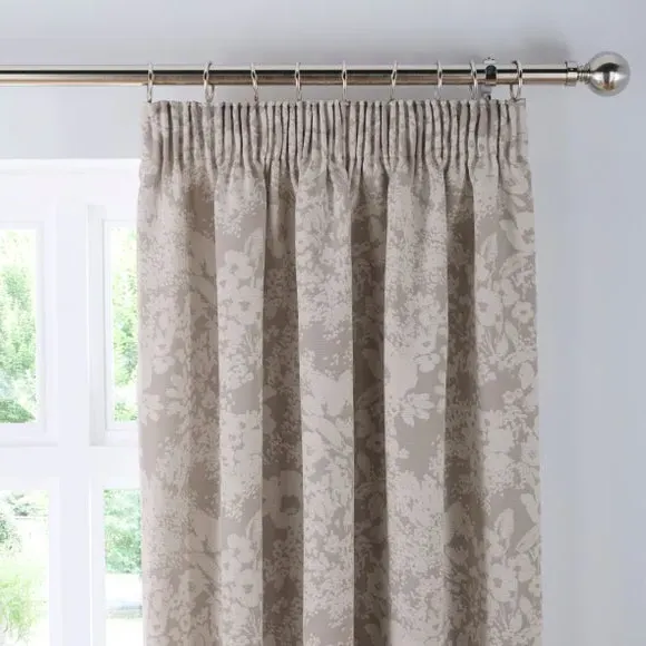Floral Pencil Pleat Curtains - Soft Grey, Woven