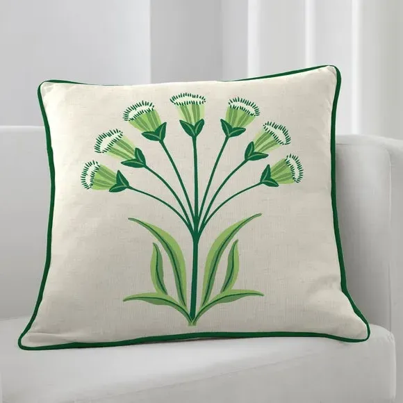 Floral Print Cushion with Piped Edge - Green image