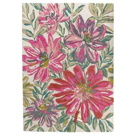 Floral Rug with Loop Pile - Multicolor, Wool