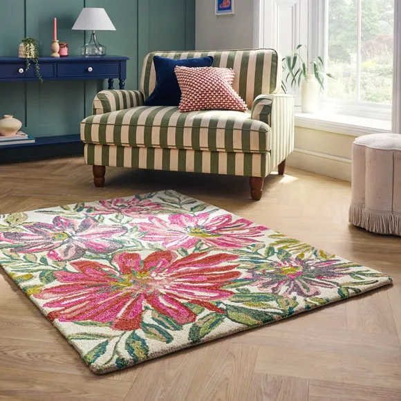 Floral Rug with Loop Pile - Multicolor, Wool