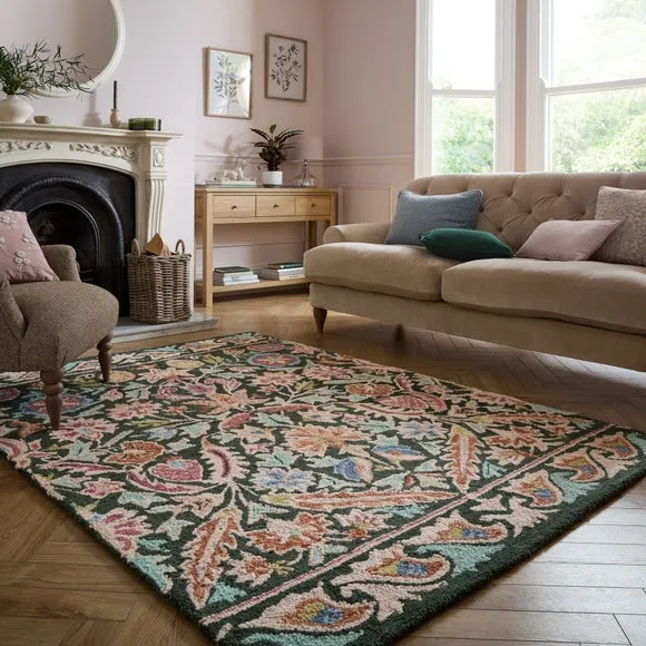 Floral Rug with Loop Pile - Multicoloured, Wool image