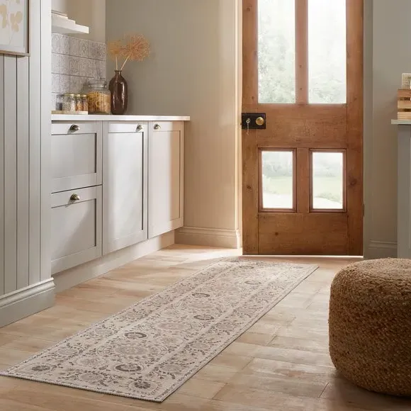 Floral Runner Rug Machine Washable - Natural image