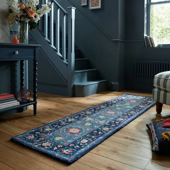 Floral Runner Rug - Navy, Wool