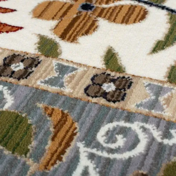 Floral Runner Rug with Border Design - Cream