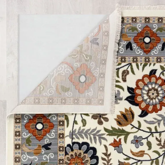 Floral Runner Rug with Border Design - Cream