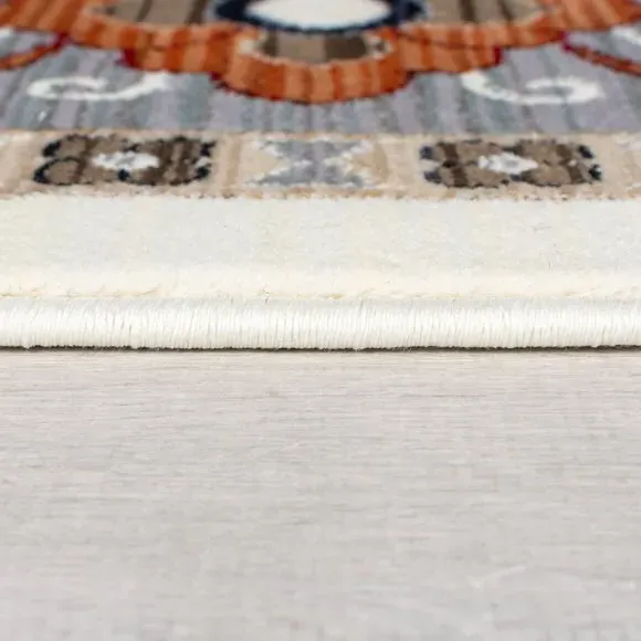 Floral Runner Rug with Border Design - Cream