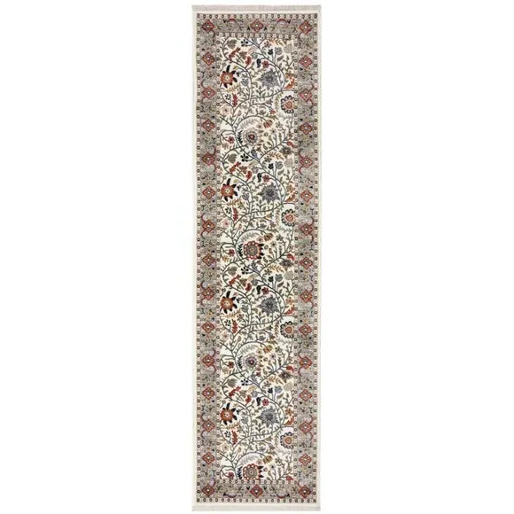 Floral Runner Rug with Border Design - Cream
