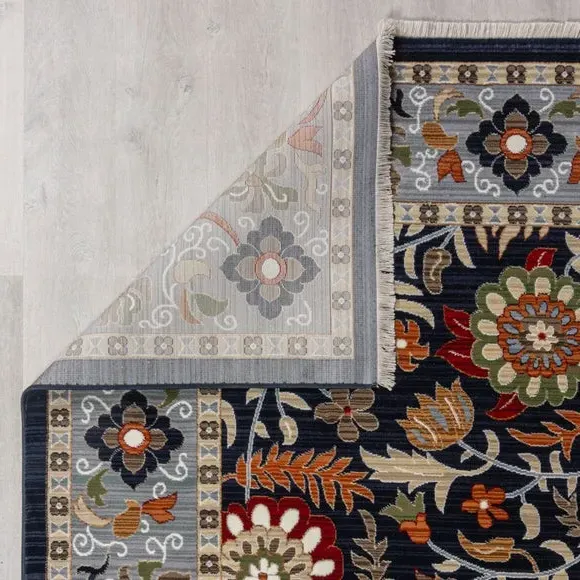 Floral Runner Rug with Border Design - Navy