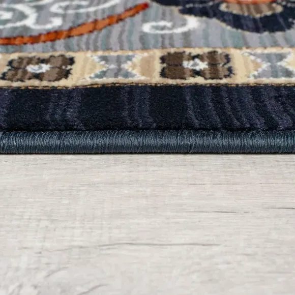 Floral Runner Rug with Border Design - Navy
