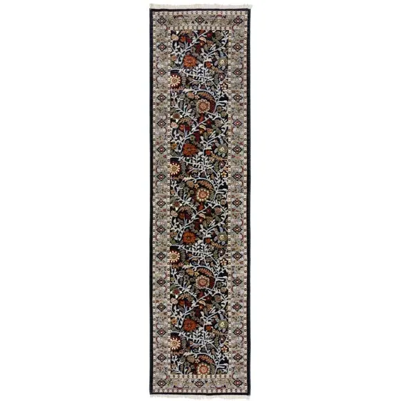 Floral Runner Rug with Border Design - Navy