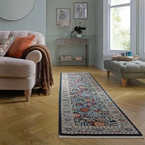 Floral Runner Rug with Border Design - Navy
