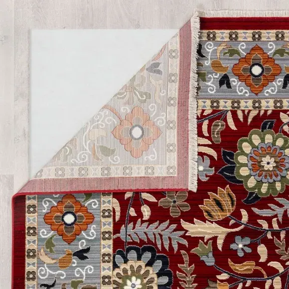 Floral Runner Rug with Border Design - Red