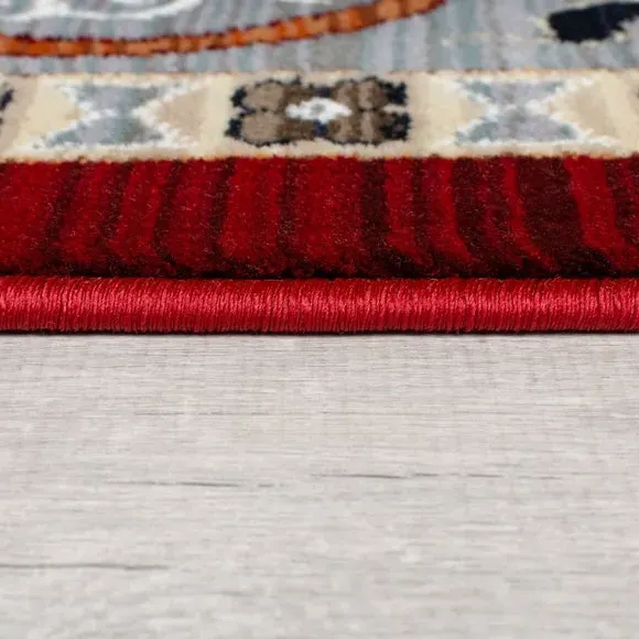 Floral Runner Rug with Border Design - Red