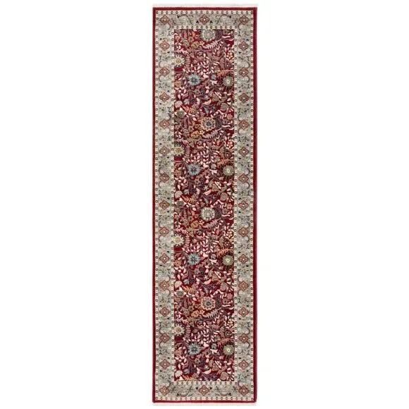 Floral Runner Rug with Border Design - Red