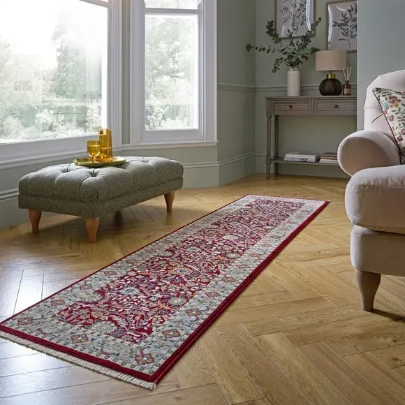 Floral Runner Rug with Border Design - Red