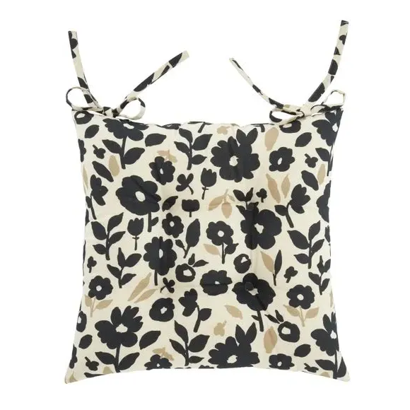 Floral Seat Pad with Ties - Black, Cotton