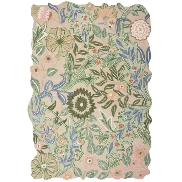 Floral Shaped Rug with Edge Details - Green, Wool