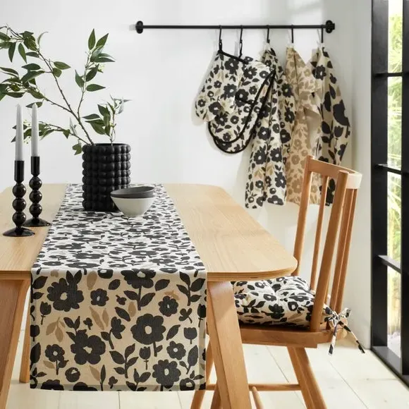 Floral Table Runner - Black/White, Cotton