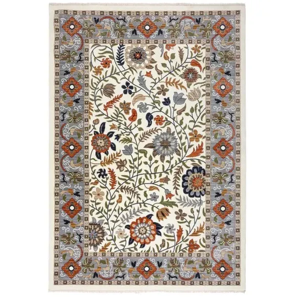 Floral Traditional Rug with Border - Cream