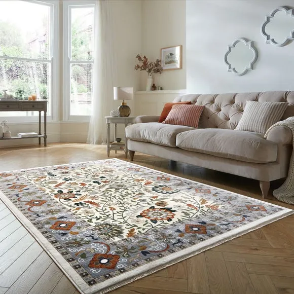 Floral Traditional Rug with Border - Cream