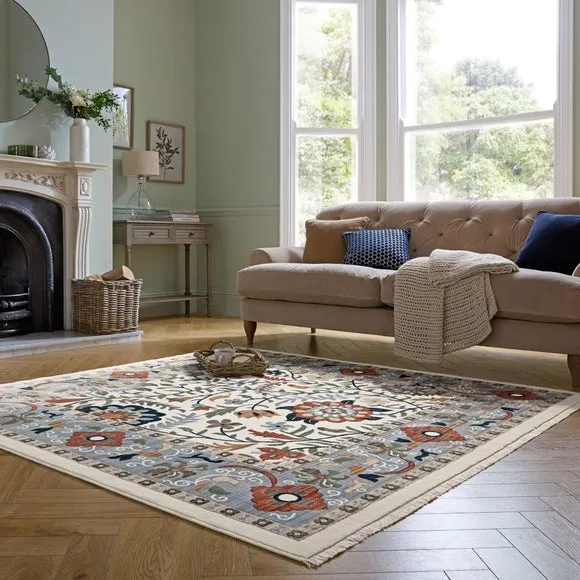 Floral Traditional Rug with Border - Cream