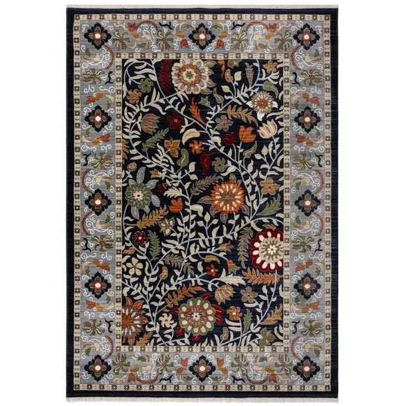 Floral Traditional Rug with Border - Navy