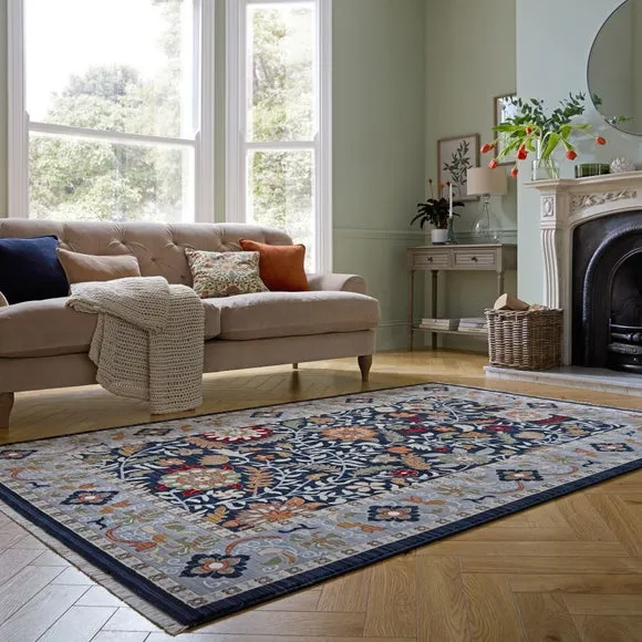 Floral Traditional Rug with Border - Navy image