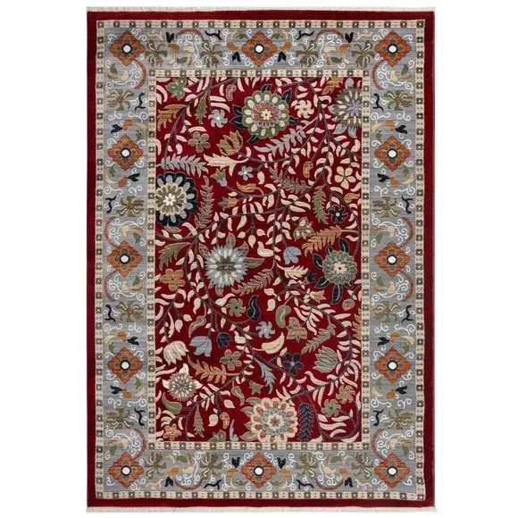 Floral Traditional Rug with Border - Red