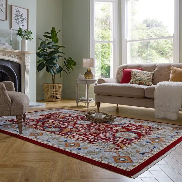 Floral Traditional Rug with Border - Red