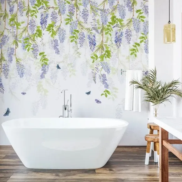 Floral Wall Mural with Butterflies - Blue Paper