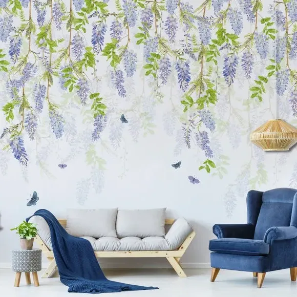 Floral Wall Mural with Butterflies - Blue Paper image