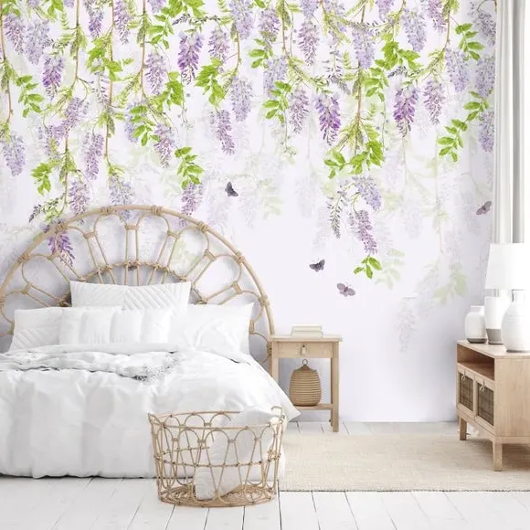 Floral Wall Mural with Butterflies - Lavender Paper