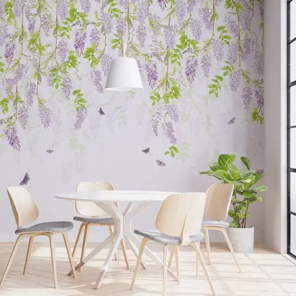 Floral Wall Mural with Butterflies - Lavender Paper