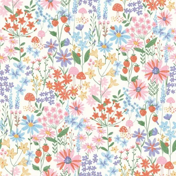 Floral Wallpaper with Ladybird Design - Multicolor