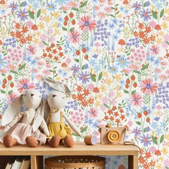 Floral Wallpaper with Ladybird Design - Multicolor