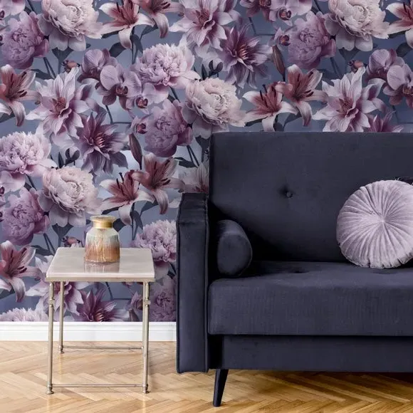 Floral Wallpaper with Matte Finish - Blue