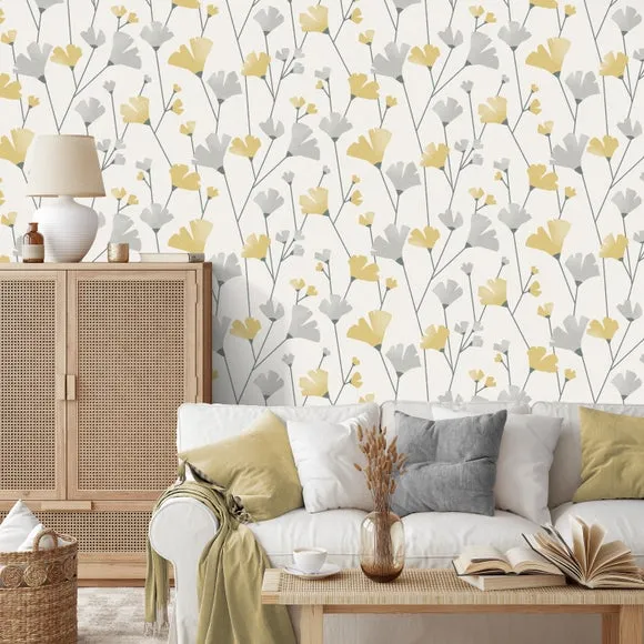 Floral Wallpaper with Mica Accents - Mustard image