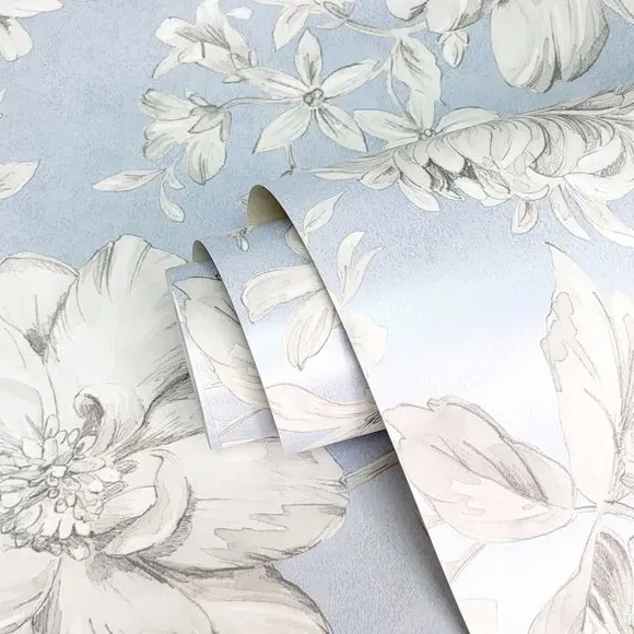Floral Wallpaper with Mica Backing - Blue