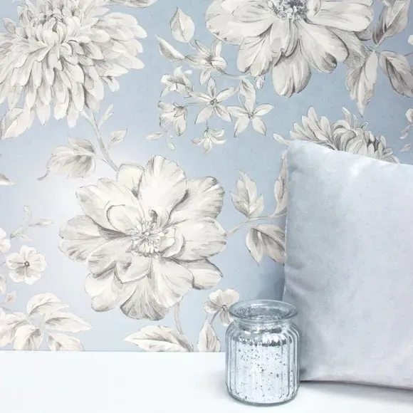 Floral Wallpaper with Mica Backing - Blue