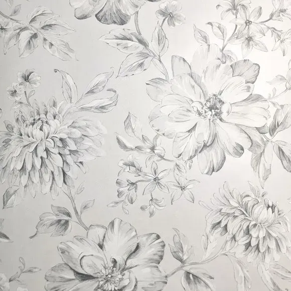 Floral Wallpaper with Mica Backing - Silver