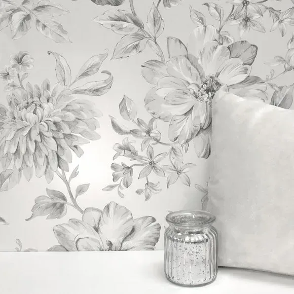 Floral Wallpaper with Mica Backing - Silver