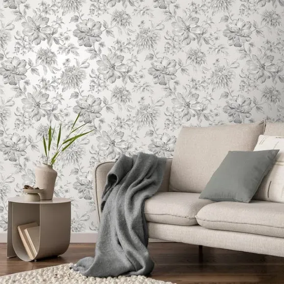 Floral Wallpaper with Mica Backing - Silver