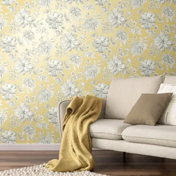 Floral Wallpaper with Mica Backing - Yellow