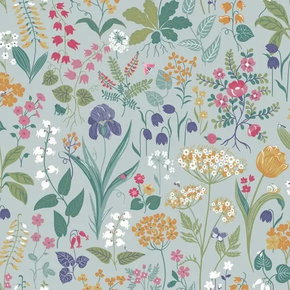 Floral Wallpaper with Pearlescent - Blue, Matt