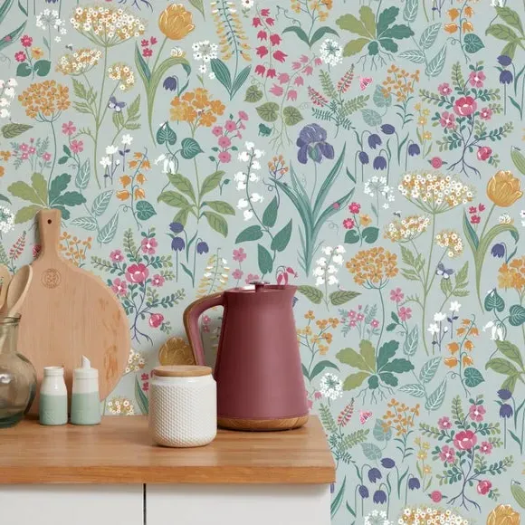 Floral Wallpaper with Pearlescent - Blue, Matt