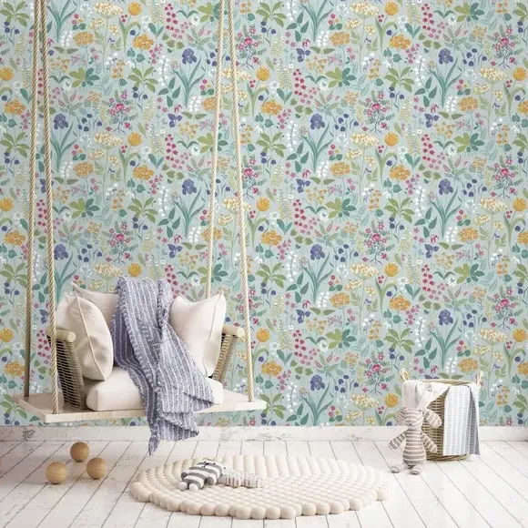 Floral Wallpaper with Pearlescent - Blue, Matt