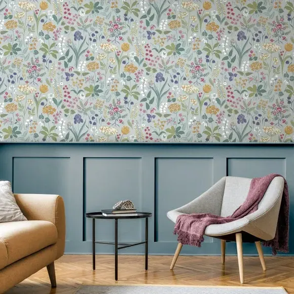 Floral Wallpaper with Pearlescent - Blue, Matt