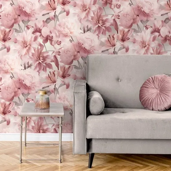 Floral Wallpaper with Pearlescent Highlights - Blush